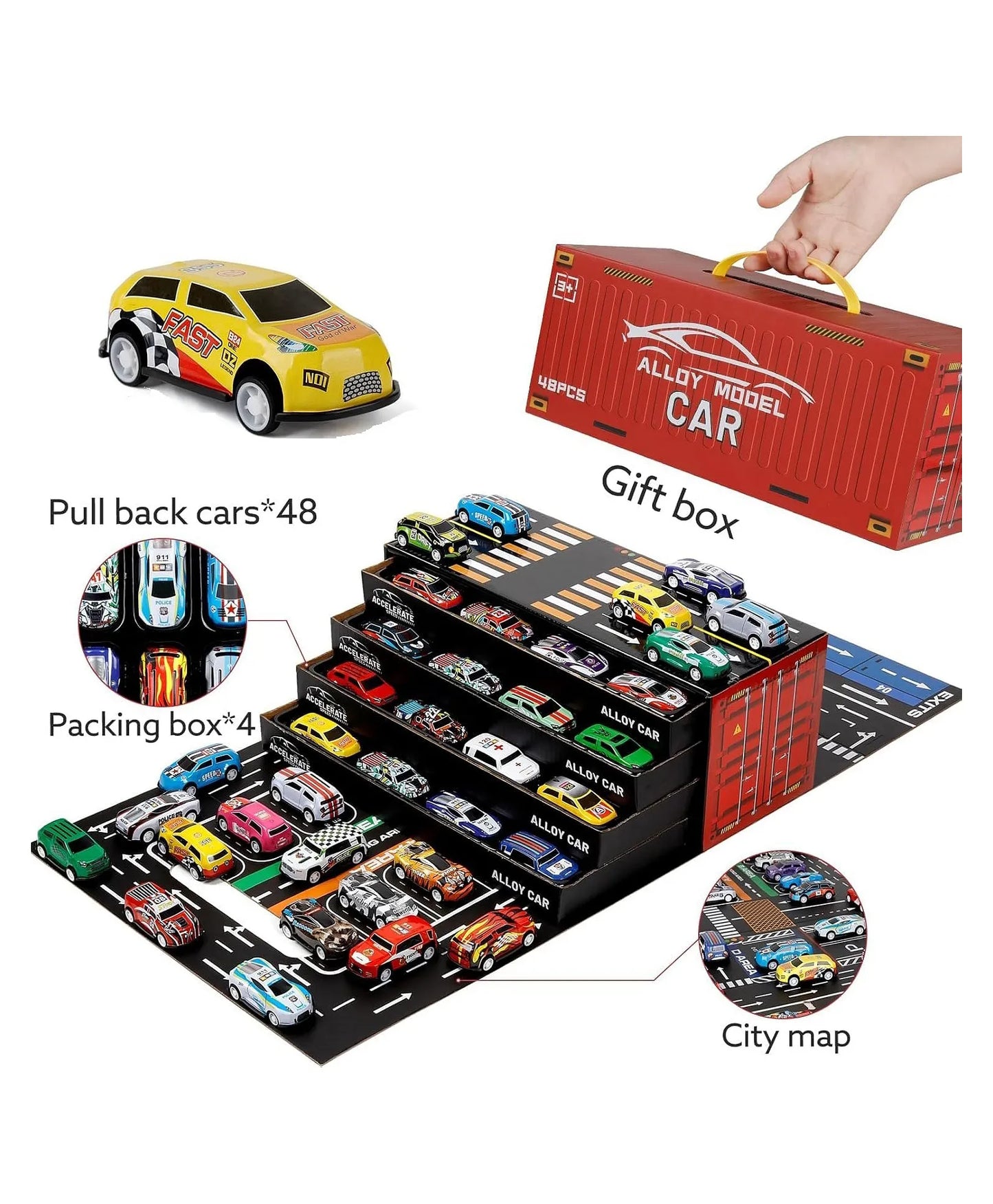 48PCS Alloy Pull Back Car Set with City Track & Storage Box
