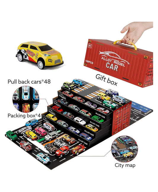 48PCS Alloy Pull Back Car Set with City Track & Storage Box