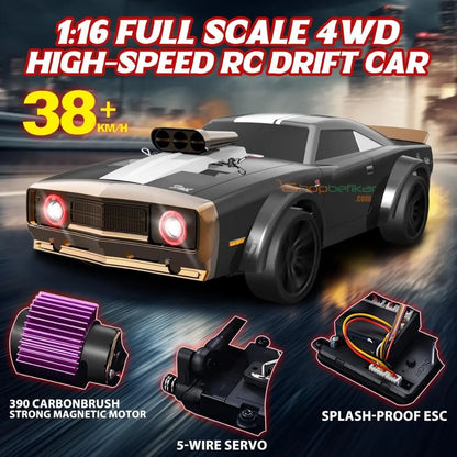 Hurricane RC Drift Car 1:16 Scale 4WD – High-Speed Drift & Racing Car with LED Lights, Rechargeable Battery & Dual Tyres