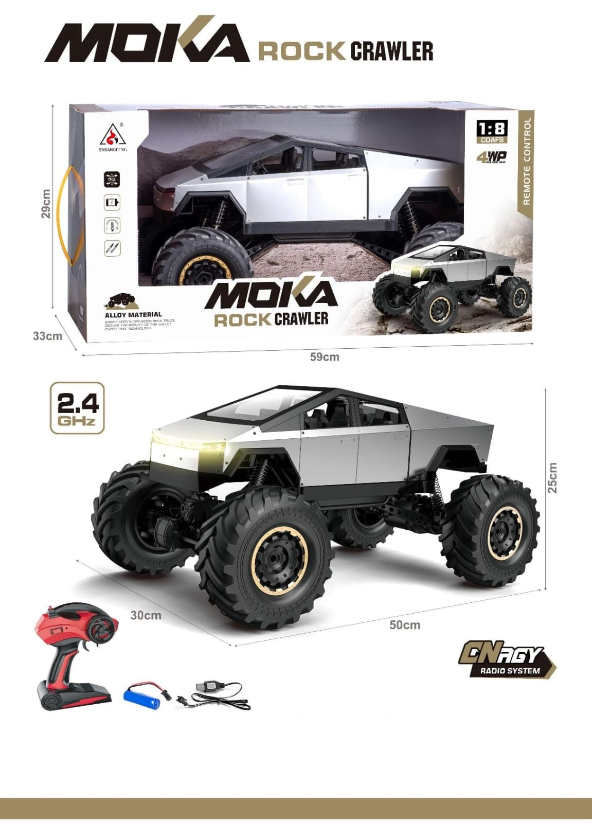 MOKA 1:8 Alloy Rock Crawler 4WD RC Truck | Cybertruck Design Off-Road CYBER BUGGY