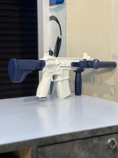 M416 Electric Water Gun with Continuous Firing | Built-In Charging, Quick Refill, Suppressor & Scope (White/Blue)