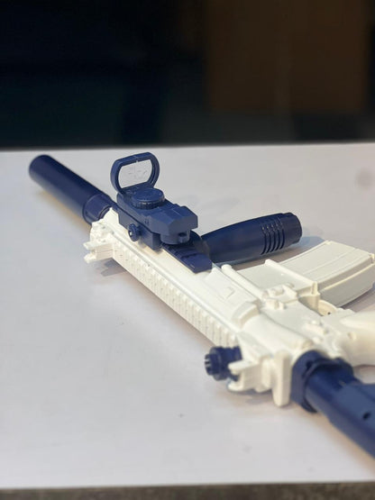 M416 Electric Water Gun with Continuous Firing | Built-In Charging, Quick Refill, Suppressor & Scope (White/Blue)