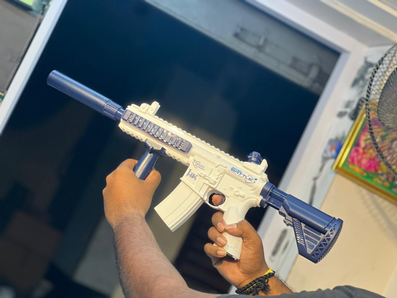 M416 Electric Water Gun with Continuous Firing | Built-In Charging, Quick Refill, Suppressor & Scope (White/Blue)