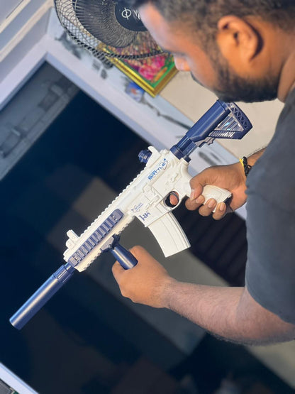 M416 Electric Water Gun with Continuous Firing | Built-In Charging, Quick Refill, Suppressor & Scope (White/Blue)